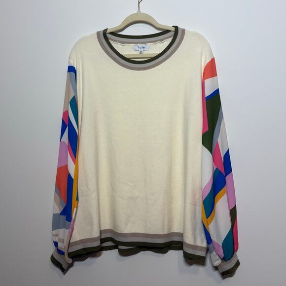 Fate Sweater Women 3XL Cream Plus Size Patterned Sleeves Crew Neck Ribbed Office - Picture 1 of 8